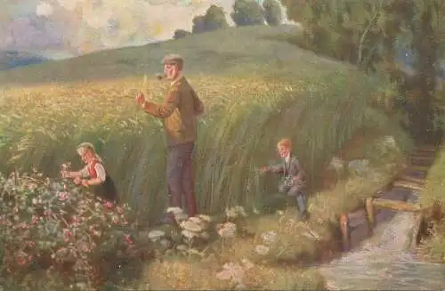 Allemagne Landschaft AK picking flowers