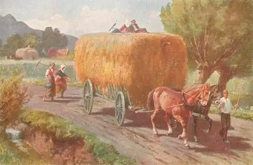 Allemagne Landschaft AK hay cart