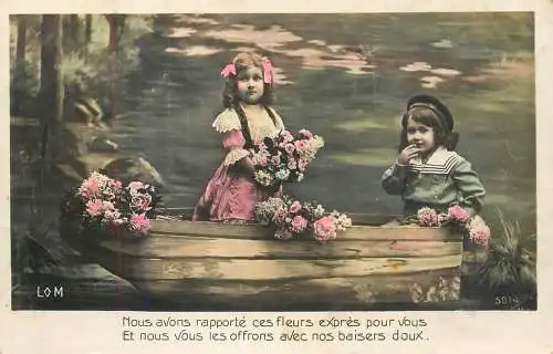 Children scenes & landscapes adorable girls with flowers greetings 1911 France