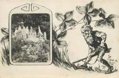 Miniature castle and dwarf with rifle vintage photographic postcard