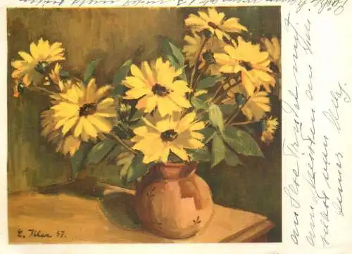 Sunflower vase floral arrangement E. Iller signed painting