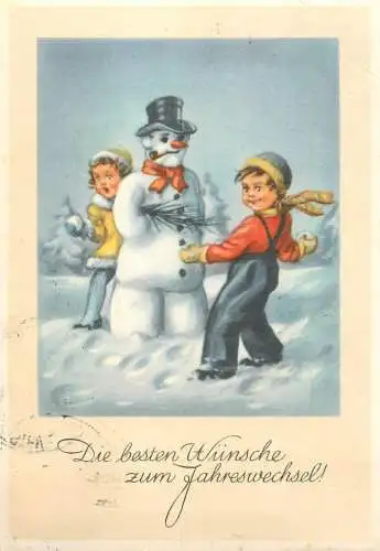 Winter Holidays Greetings illustration children making a snowman