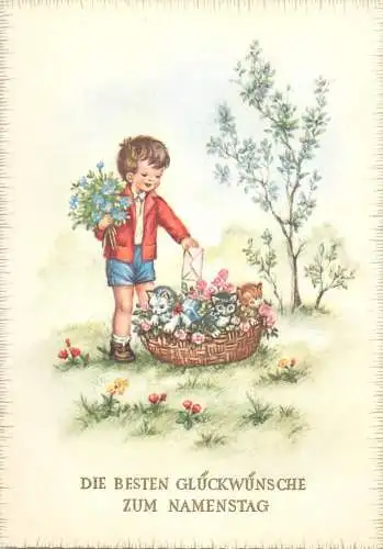 Greetings drawn children comic caricature fantasy postcard cat basket