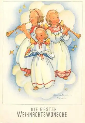 Humour drawn children caricature greetings fantasy postcard angels song Christmas