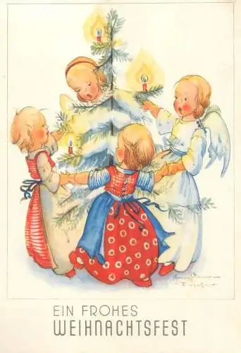 Humour drawn children caricature greetings fantasy postcard angels dance Christmas