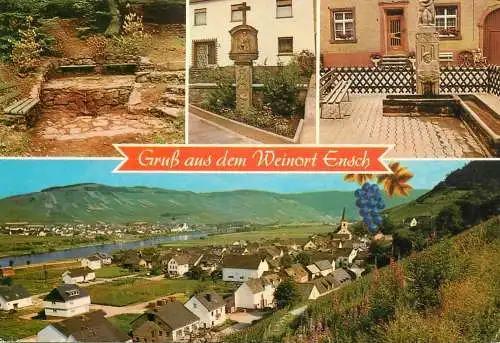 Germany Gruss aus dem Weinort Ensch Sauerbrunnen, Dorfkreuz und Anlage mit Brunnen