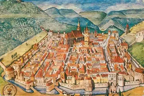 Romania Cetatea Brasovului cu Biserica Neagra sec XVI acuarela de arhitectul Gunther Schuller
