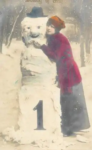 New Year greetings Hungary woman & snowman 1926