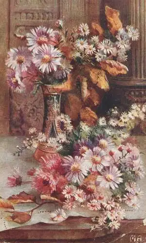 Daisy flowers vase still life old postcard