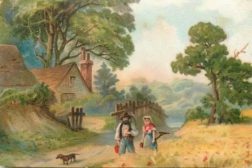 Farmers man with scythe scenic vintage postcard