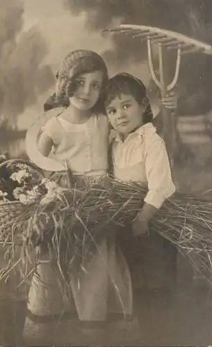 Agriculture children scene girl sickle & rake