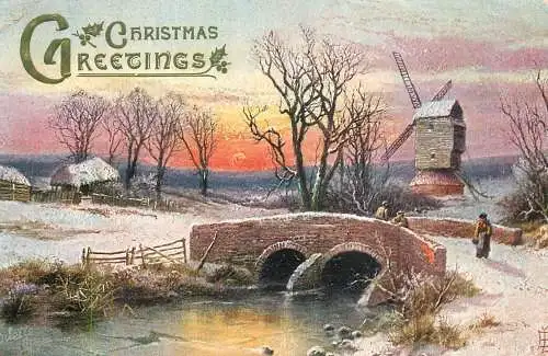Christmas greetings postcard scene with bridge and mill Oilette Raphael Tuck - The Glories of Winter