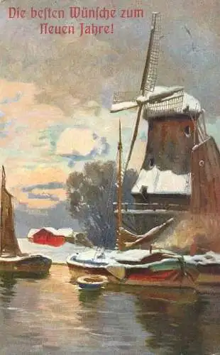 Pentecost greetings postcard Germany Landschaft AK  scene with boat & mill