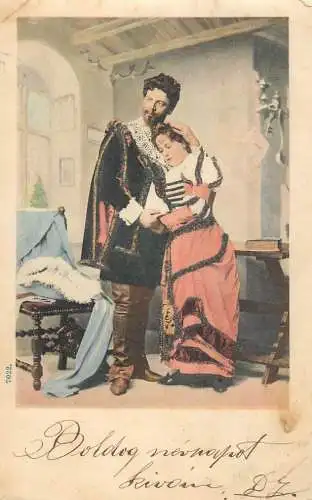 Hungarian types costumes 1900 novelty postcard glitter material applied