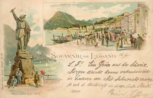 Lugano Litho 1899 Tell monument quai