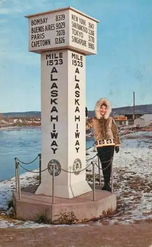 USA Fairbanks AK Alaska Highway Marker young woman photo