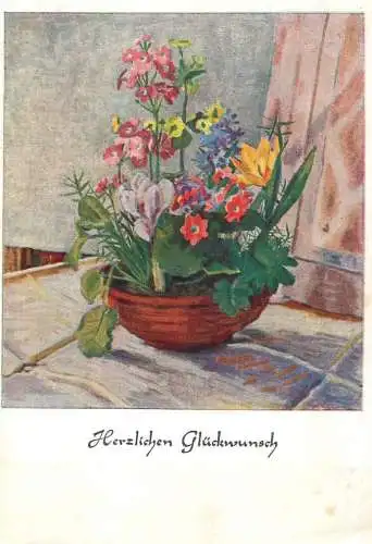 Herzlichen Gluckwunsch colourful floral arrangement artwork