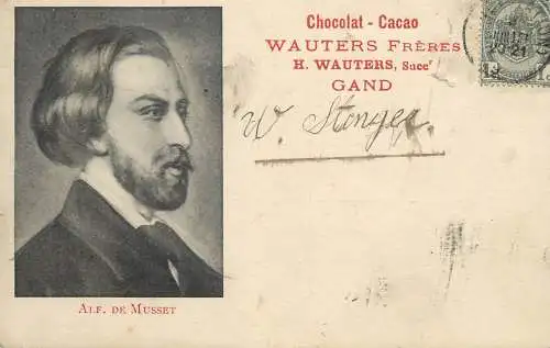 French dramatist, poet, and novelist Alfred de Musset chocolat cacao Wauters Freres Gand 1903