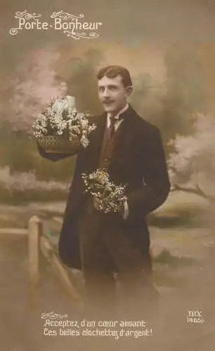 Fancy card elegant man portrait greetings France porte bonheur fleurs muguets