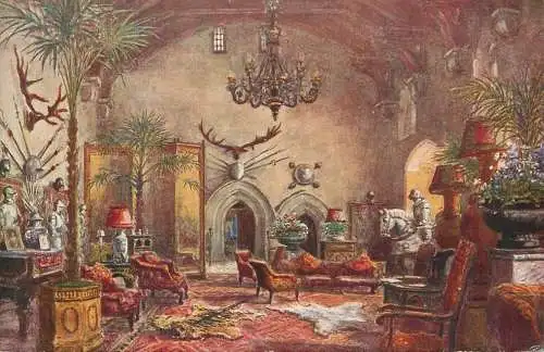 England Warwick Castle Great Hall litho