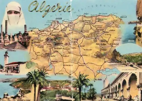 Algeria different aspects and map souvenir postcard