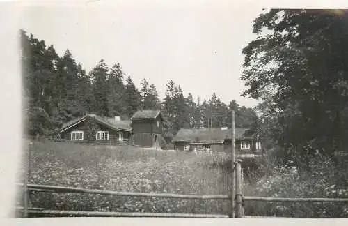 Exterior of a traditional Norwegian old wooden countryside house with roof covered with growing grass photo postcard