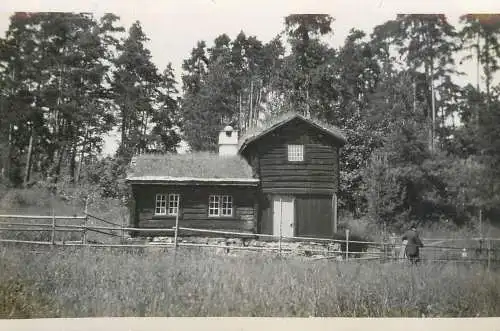 Exterior of a traditional Norwegian old wooden countryside house with roof covered with growing grass photo postcard