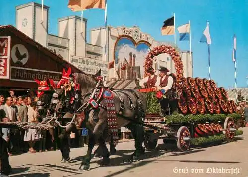 Germany Munchen Oktoberfest decoarated carriage & ethnic types and scenes