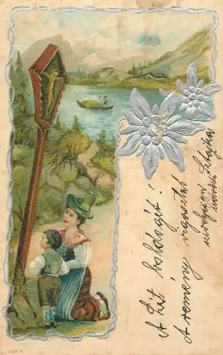 Edelweiss alpine flowers art nouveau devotion picture chromo postcard Dej Dees cancel Romania 1901