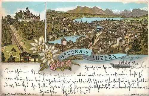 Lucerne Litho 1899 Edelweiss & panorama