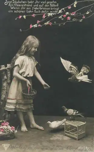 Adorable girl feeding pigeons 1914