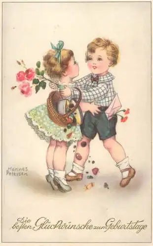 Birthday greetings postcard artist Hannes Petersen adorable drawn children couple
