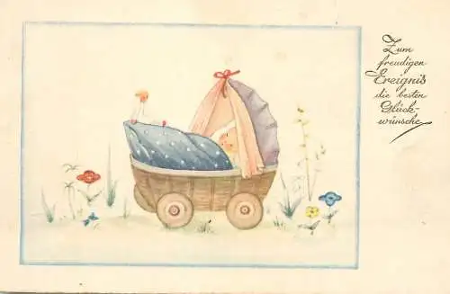 Birthday greetings postcard drawn baby cart