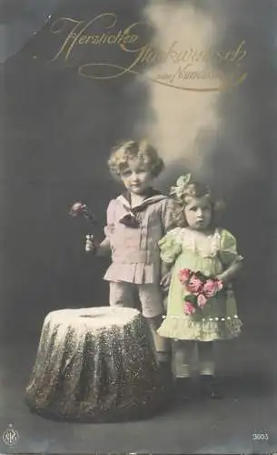 Adorable girl girls near cake greetings postcard 1914