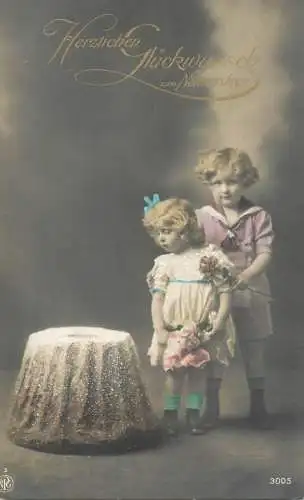 Adorable girl girls near cake greetings postcard