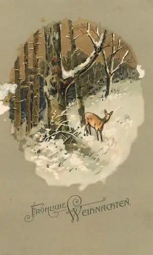 Christmas greetings postcard deer forest winter scenic fantasy postcard