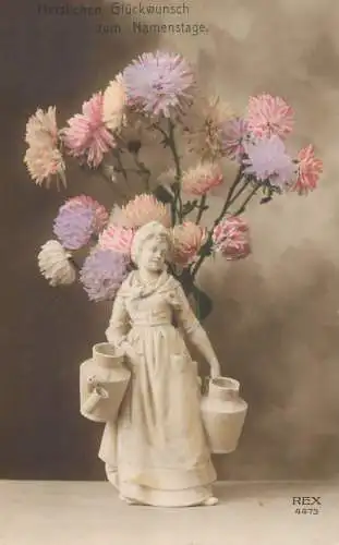 Flowers & statuette greetings postcard 1916