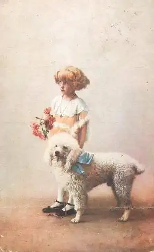 Girl posing near dog pet old postcard