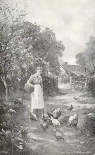 A May morning woman feeding hen fine art Ernest Walbourn