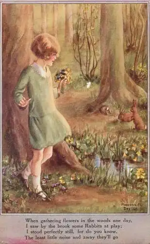 Marjorie Dexter girl gathering flowers rabbits at play