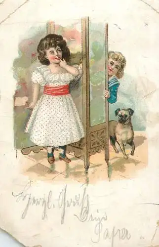 Drawn girls and dog 1900 Murnau Stempel, Germany