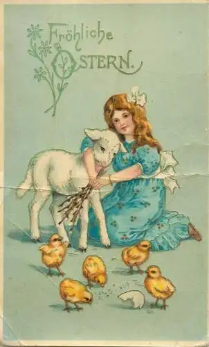Frohliche Ostern drawn girl lamb chicks fantasy Easter greetings postcard