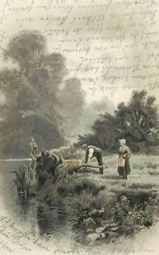 Farming drawn couple cultivation Landschaft AK