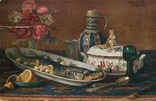 Wilh. Eilers still life with fish dish food 1912