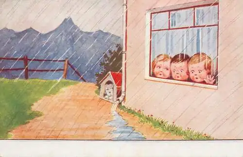 Drawn children dog rain caricature postcard