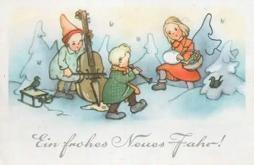 New Year greetings musical drawn children