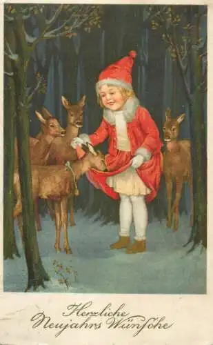 Neujahrs Wunsche drawn girl with deer fantasy  greetings postcard 1927