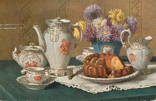 Porcelaine cake & flowers still life artist postcard Wils. Eilers