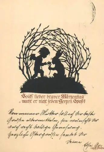German illustrator Georg Plishke fay & rabbit silhouette postcard