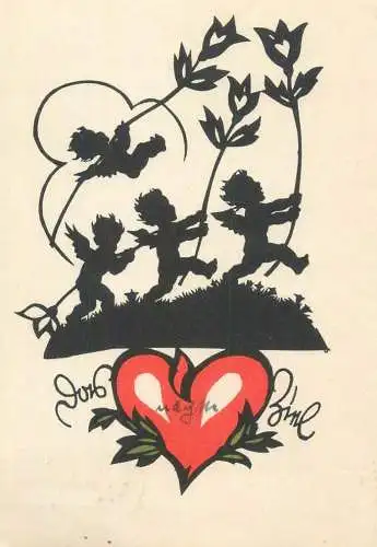 German illustrator children silhouette postcard